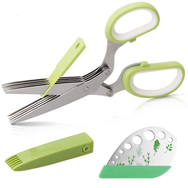 Stainless Steel Herb Tools Kit with 5-Blades Scissors for Kitchen, Herb Cutting, Stripping and Cleaning, Green (1-Pack)