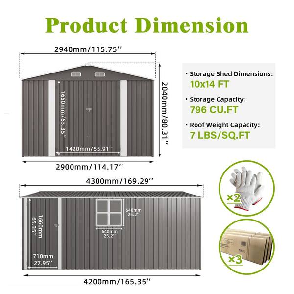 10 ft.W x 14 ft.D Outdoor Metal Storage Shed, Tool Shed with 3