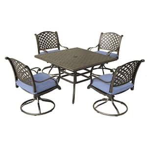 Diab 5-Piece Aluminum Patio Square Table 43 in. D Outdoor Dining Set with Navy Blue Cushions for Gazebo, Yard