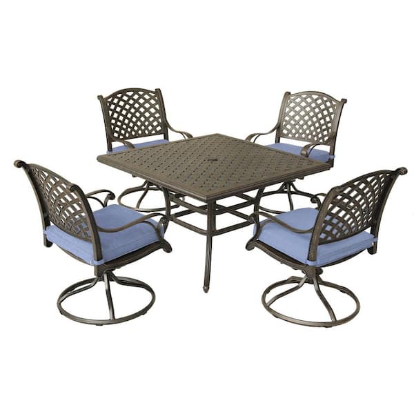 Mondawe Diab 5-Piece Aluminum Patio Square Table 43 in. D Outdoor Dining Set with Navy Blue Cushions for Gazebo, Yard