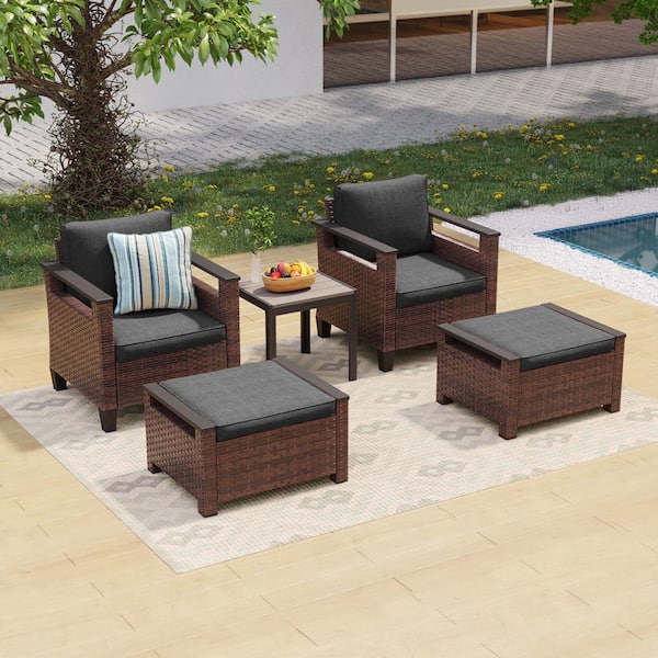 Sonkuki 5-Pieces Brown PE Wicker Patio Conversation Set with Side Table and Ottomans with Washable Black Cushion