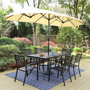 Black 8-Piece Metal Outdoor Patio Dining Set with Umbrella and Elegant Stackable Chairs