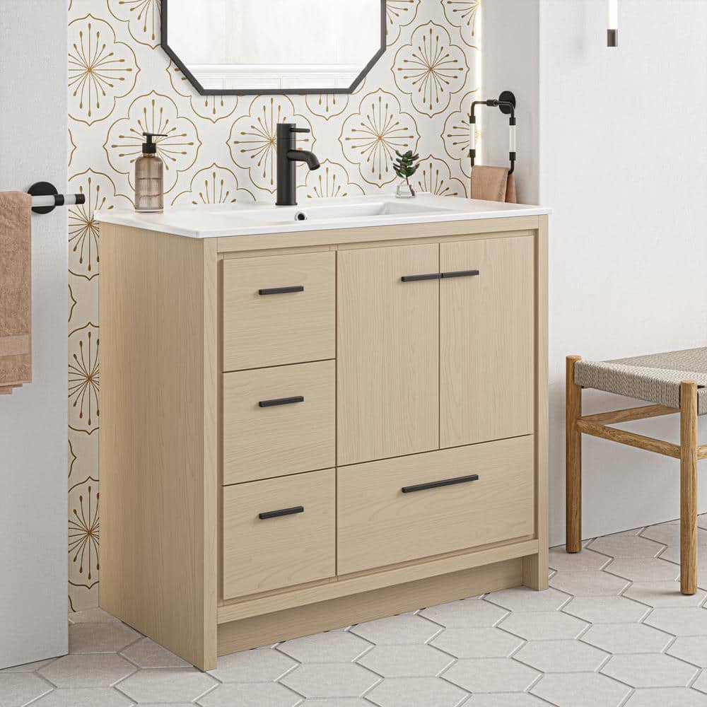 Virage 36" Light Oak MDF Freestanding Bathroom Vanity with Ceramic Top
