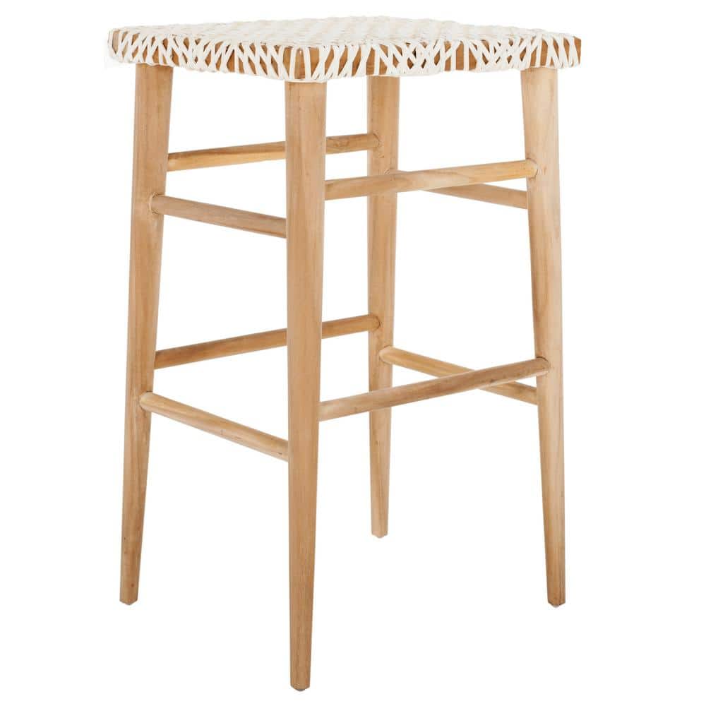 Elevate Transitional 30" White Leather and Natural Wood Bar Stool