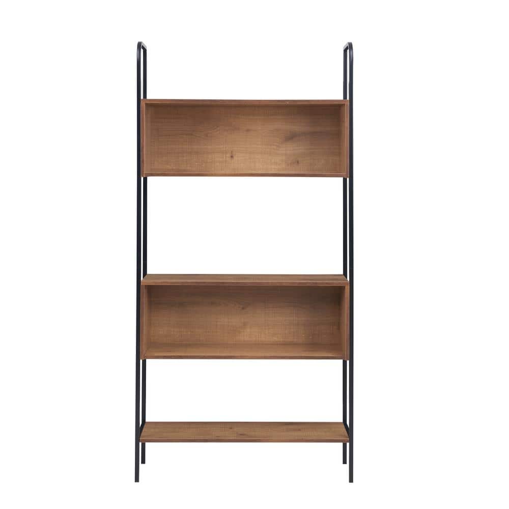 Distressed Oak and Black Metal 67" Bookcase with Cubes