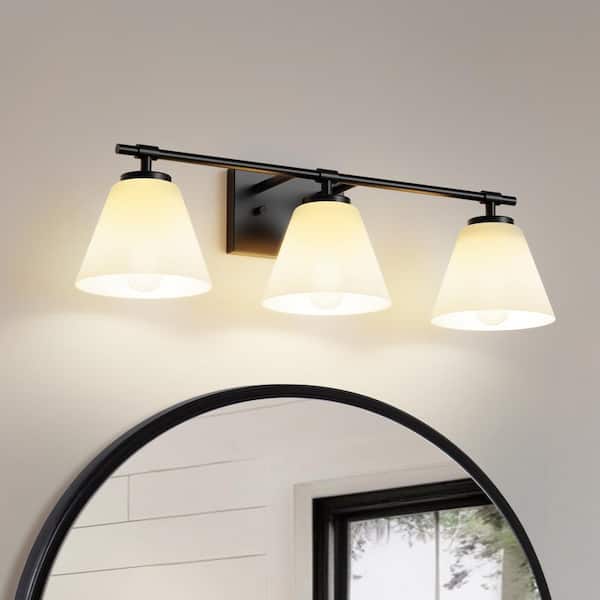YANSUN 25 in. 3-Light Black Vanity Light with White Cone Glass Shades for Bathroom, Mirror, Powder Room