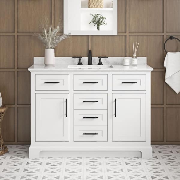 Doveton 48 in. Single Sink Freestanding White Bath Vanity with White Engineered Marble Top (Assembled)