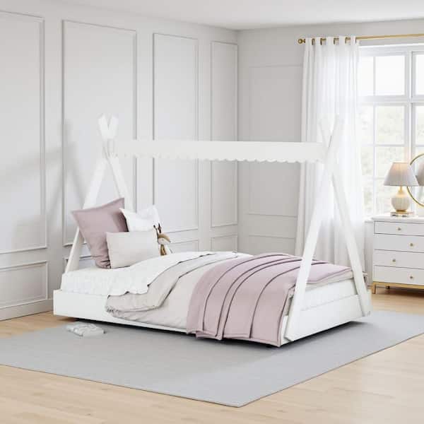 Kally Matte White Full Floor Bed with Tent Style Design
