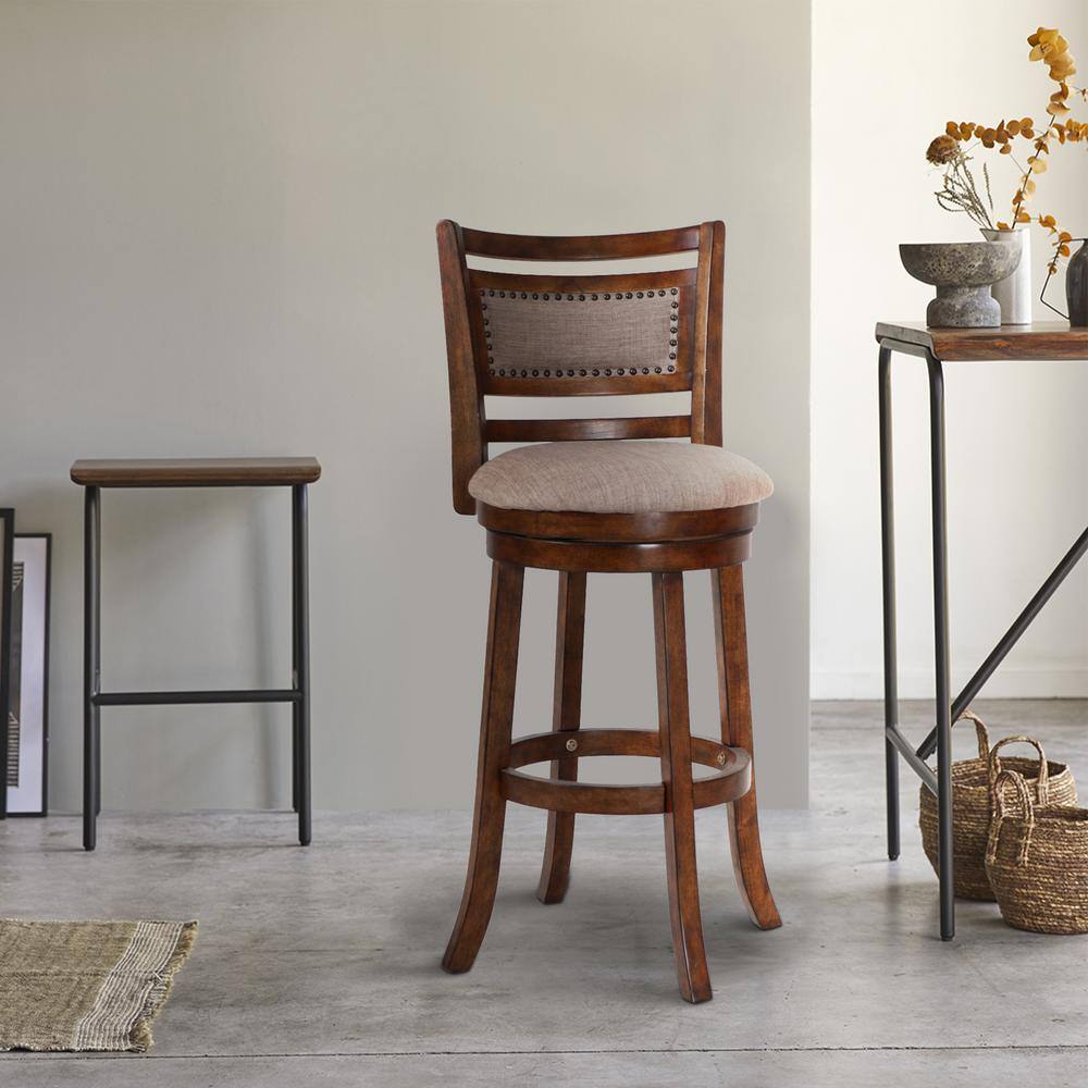 Classic Swivel Barstool with Nailhead Trim, Brown and Beige