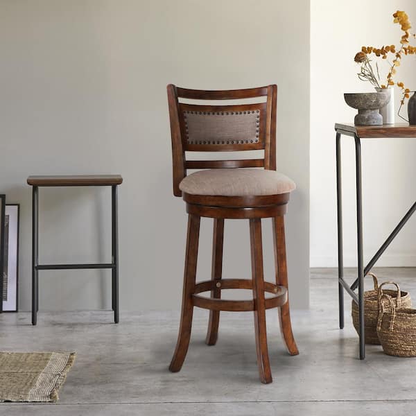 43.6 in. H Brown and Beige Curved Swivel Barstool with Fabric Padded Seating