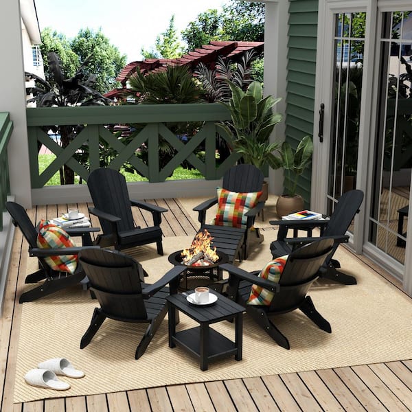 WESTIN OUTDOOR Vineyard 12-Pcs Black Outdoor Plastic Folding Adirondack Chair and Side Table Conversation Set