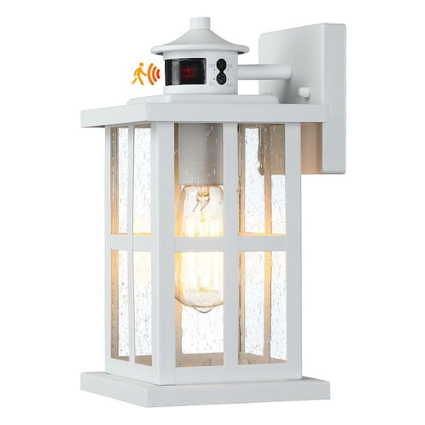 1-Light White Motion Sensing Dusk to Dawn Outdoor Hardwired Wall Lantern Scone with Clear Seeded Glass, No Bulb Included