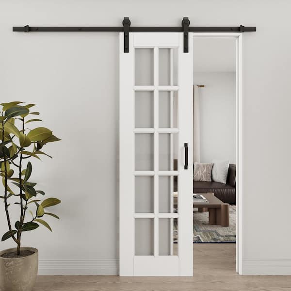 ARK DESIGN 24 in. x 80 in. 10 Lite Tempered Clear Glass White Primed MDF Composite Sliding Barn Door with Hardware Kit