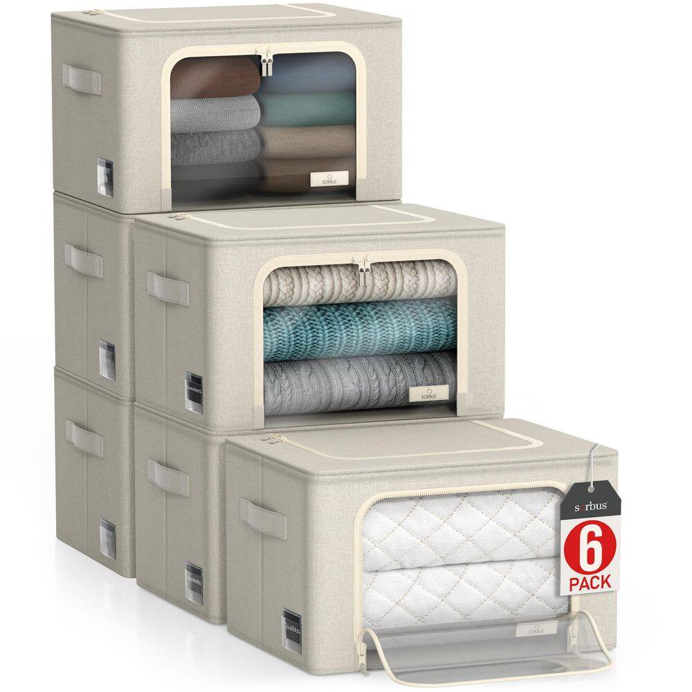 Storage Bins, Stackable & Foldable Clothes Organizer Bags, Beige 17 in. x 13 in. Fabric Decorative Box Set of 6