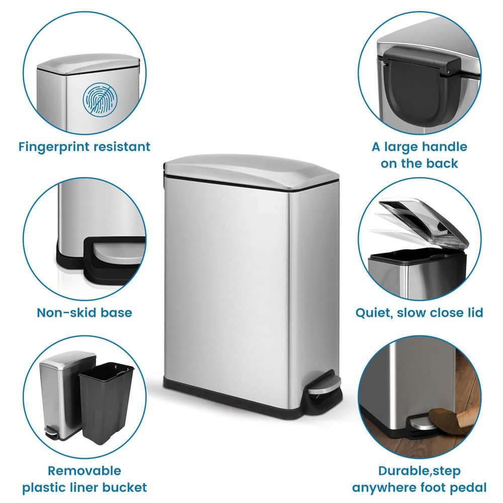 Slim Brushed Stainless Steel Step-On Trash Can 12.9 Gallons