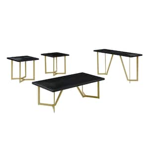 April 52 in. Black Rectangle Wooden Top 1- Coffee Table 26 in. Gold Painted Leg with 4-Pieces with 2-End and 1-Console