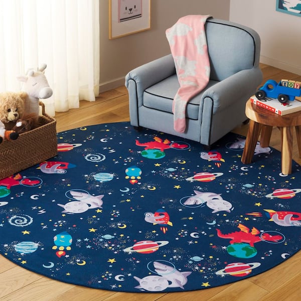 Tacoma Kids 5 ft. x 5 ft. Navy/Rust Outer Space Round Area Rug