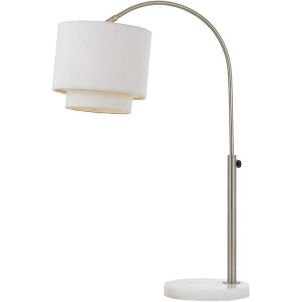 Hanover 31 in. H Louise Table Lamp with White Marble Base, Ivory Fabric Shade, and Adjustable Arm, Brushed Chrome/Ivory