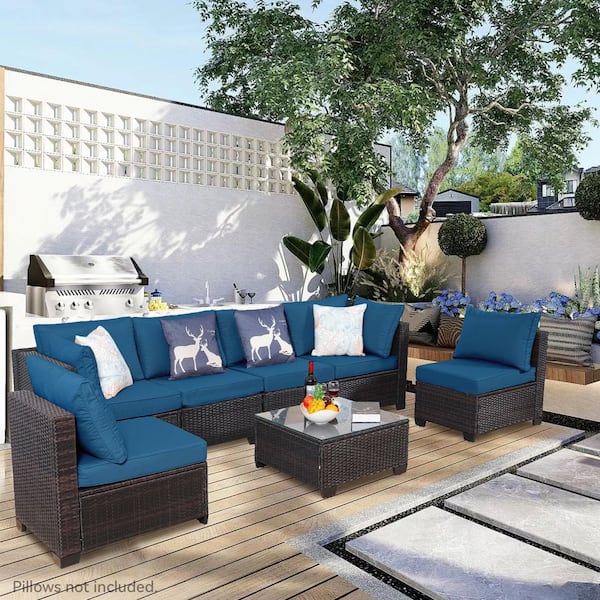 7-Piece Brown Wicker Patio Conversation Set with Blue Cushions