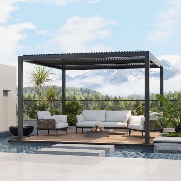 PURPLE LEAF 12 ft. x 12 ft. Gray Louvered Pergola Outdoor Aluminum Pergola with Adjustable Roof for Deck Backyard Hardtop Gazebo