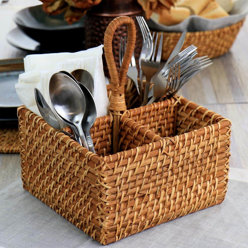 Brown Rattan Woven 4-Section Flatware Caddy with Handle