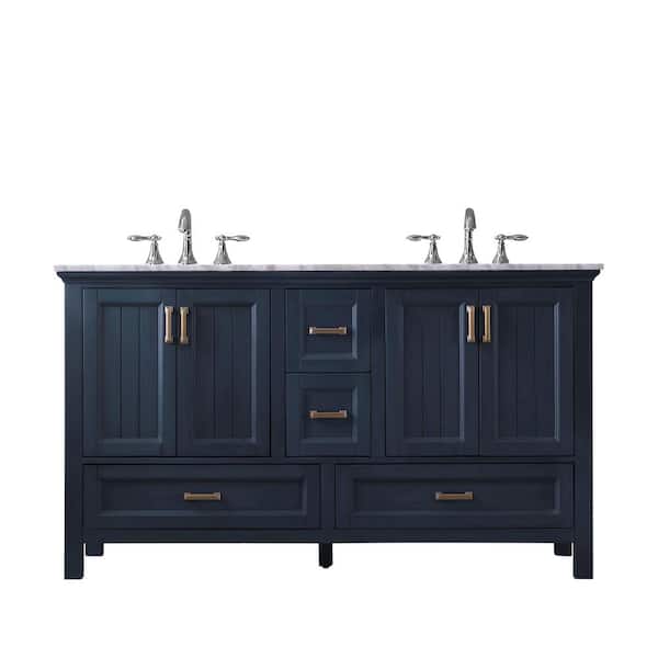 Altair Isla 60 in. Bath Vanity in Classic Blue with Carrara Marble Vanity Top in White with White Basins