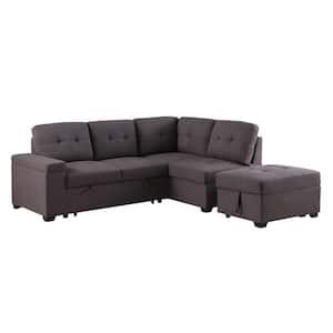 Katie 88 in. Square Arm 1-Piece Fabric L-Shaped Sectional Sofa in Brown with Convertible