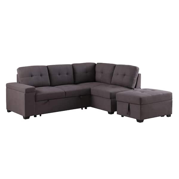 SIMPLE RELAX Katie 88 in. Square Arm 1-Piece Fabric L-Shaped Sectional Sofa in Brown with Convertible