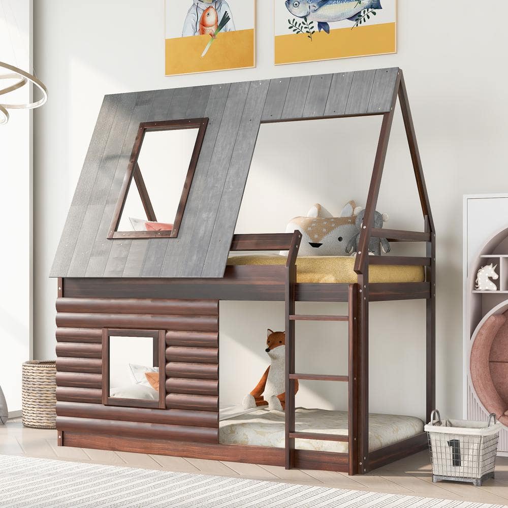 Reviews for Harper & Bright Designs Brown Wood Frame Twin Size House Bunk Bed with Roof, Ladder ...
