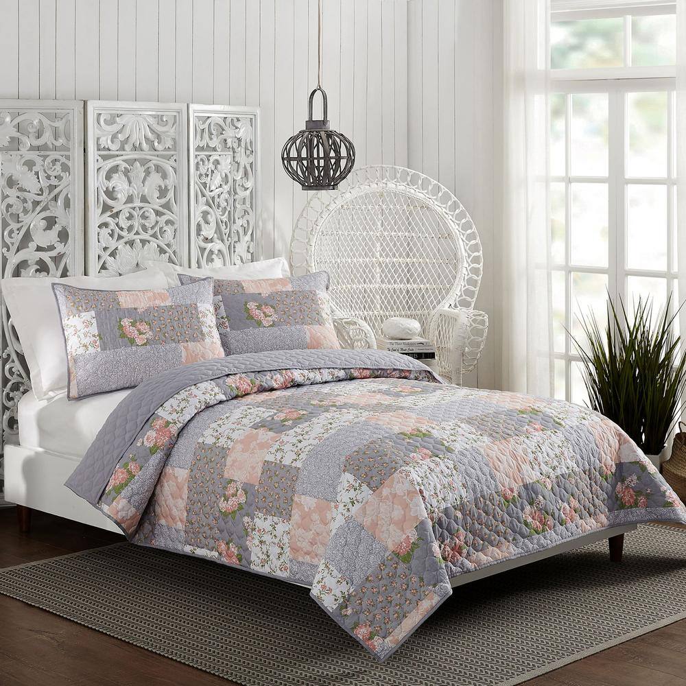 Gray Reversible Twin Microfiber Quilt Set with Floral Design