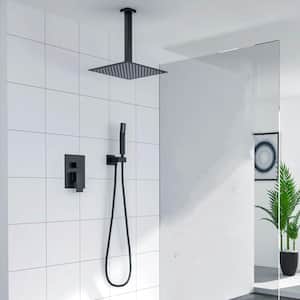 1-Spray Pattern with 1.8 GPM 10 in. Ceiling Mounted Dual Shower Head Rough-in Valve in Matte Black