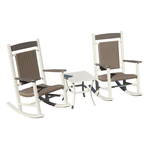 Plastic Outdoor Rocking Chairs Set of 3, Durable HDPE Patio Oversized Rockers for Adults, Wicker Rocking Chair