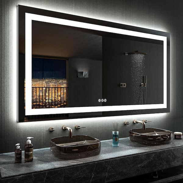 60 in. W x 36 in. H Rectangular Frameless LED Frontlit, RGB Backlit Anti-Fog Tempered Glass Wall Bathroom Vanity Mirror