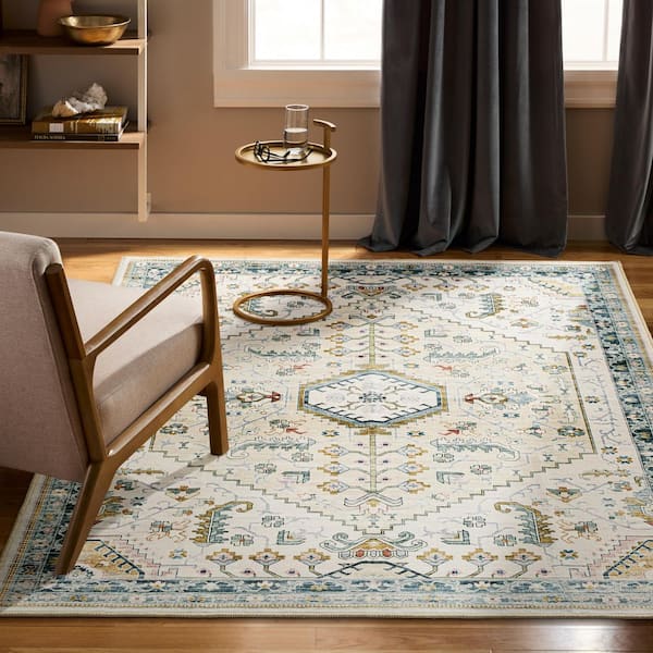 EVERWASH Haven 5 ft. x 7 ft. Ivory Modern Medallion Washable Area Rug
