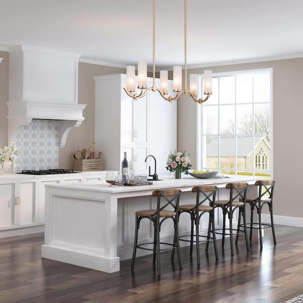 Modern Gold Linear Island Chandelier 6-Light Candlestick Chandelier with Cylinder Frosted Glass Shades