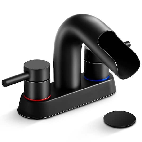 4 in. Centerset Double Handle Waterfall Spout Bathroom Faucet with Pop-Up Assembly in Matte Black