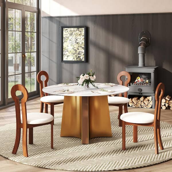 Magic Home 53.1 in. White Round Sintered Stone Tabletop Gold Pedestal Base Kitchen Dining Table (Seats-6)