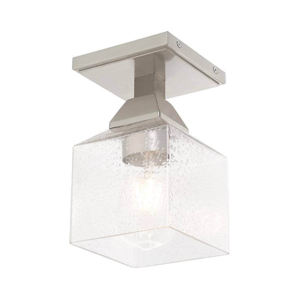 Brushed Nickel 1-Light Flush Mount with Clear Seeded Glass
