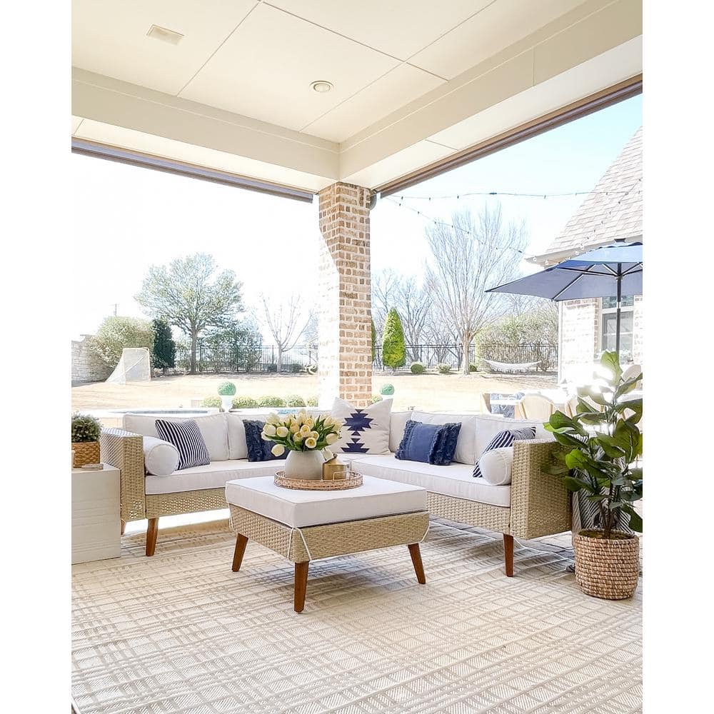 Ivory and Light Grey Square Synthetic Flat Woven Rug