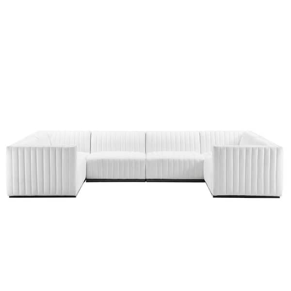 MODWAY Conjure 146 in. W 6-Piece Channel Tufted Upholstered Fabric U-Shaped Sectional in Black White