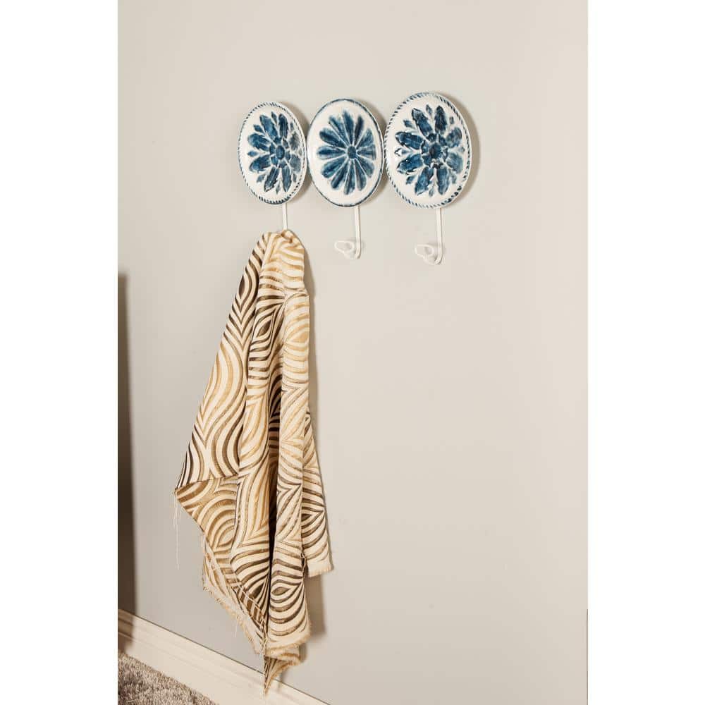 White and Blue Floral Metal Wall Hooks Set of Three
