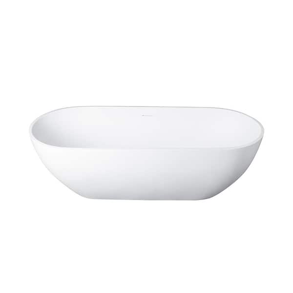 63 in. x 29.53 in. Freestanding Flat Bottom Solid Surface Stone Soaking Bathtub with Center Drain in Matte White