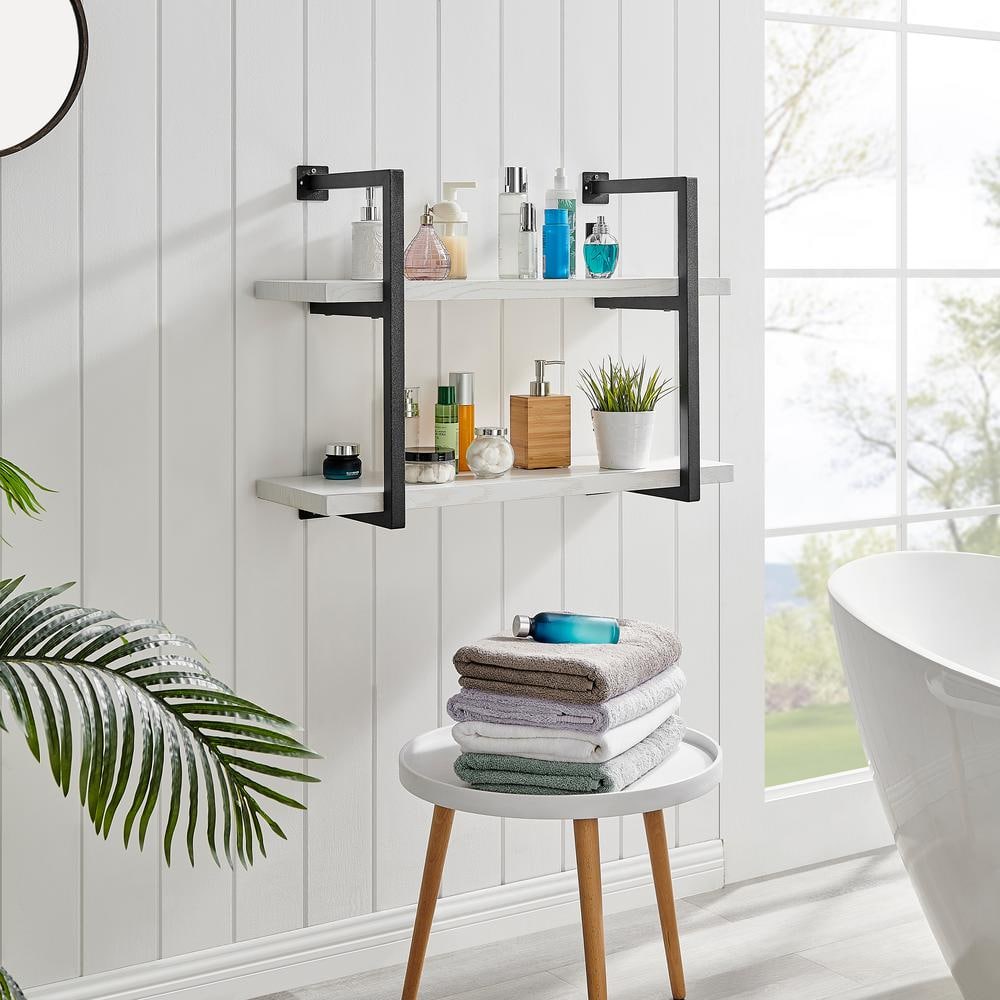 White Birch and Black Iron 2-Tier Floating Wall Shelf