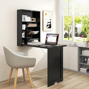23.5 in. Black Wall Mounted Computer Convertible Desk Floating Desk with Storage Bookcases