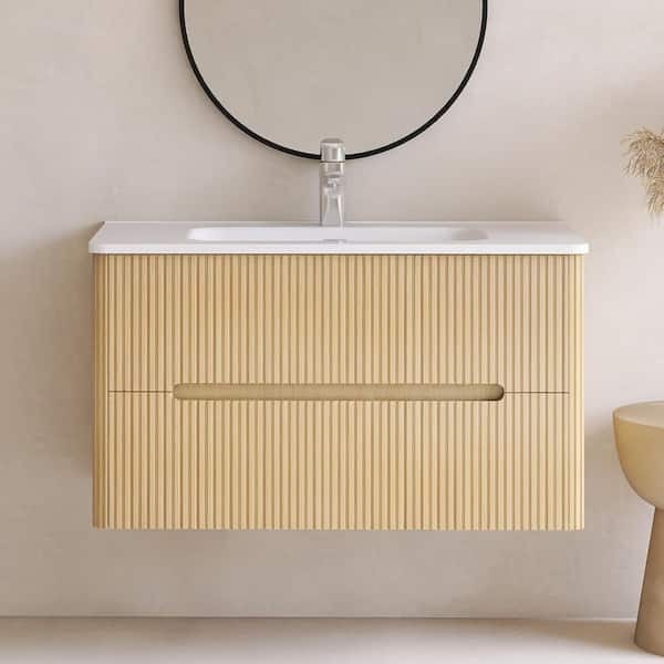 36 in. Single Sink Wall-Mounted Natural Oak Bathroom Vanity with White Ceramic Top