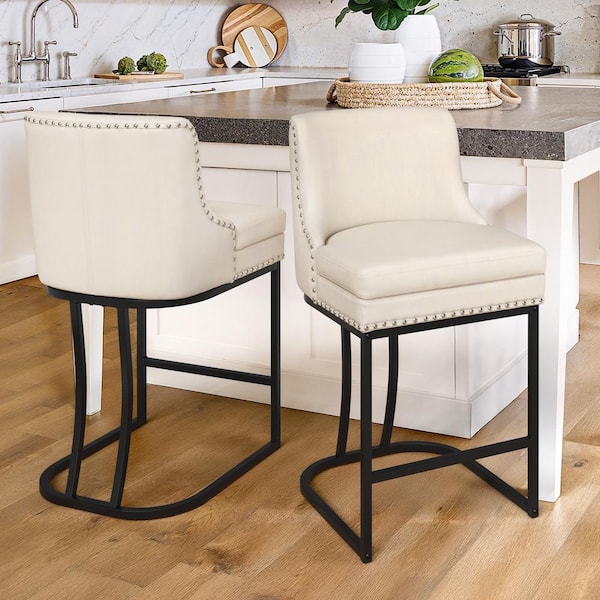 Aurora 26 in. Ivory Faux Leather Upholstered Counter Height Bar Stool with Double Cushion Counter Stool Set of 2