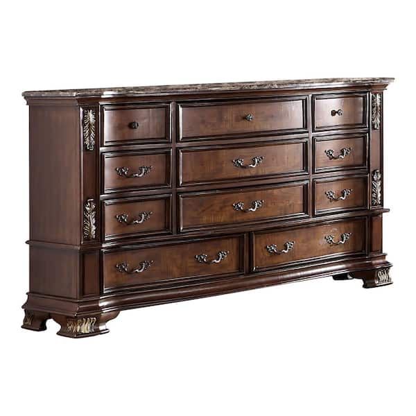 Florince Brown Cherry 11-Drawer 68 in. W. Dresser With Genuine Marble Top