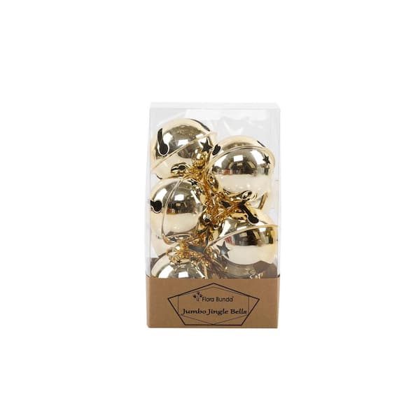 Flora Bunda Gold Jumbo Jingle Bells, Christmas Ornament 8-Pieces in PVC Box