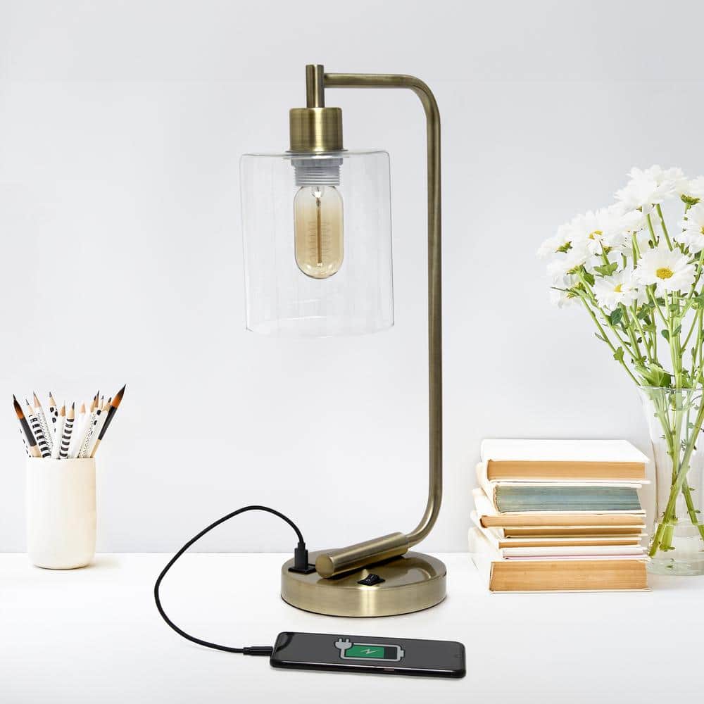 Antique Brass Curved Arm Desk Lamp with Clear Glass Shade