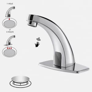 DC Powered Commercial Touchless Single Hole Bathroom Faucet with Deck Plate and Pop Up Drain in Polished Chrome